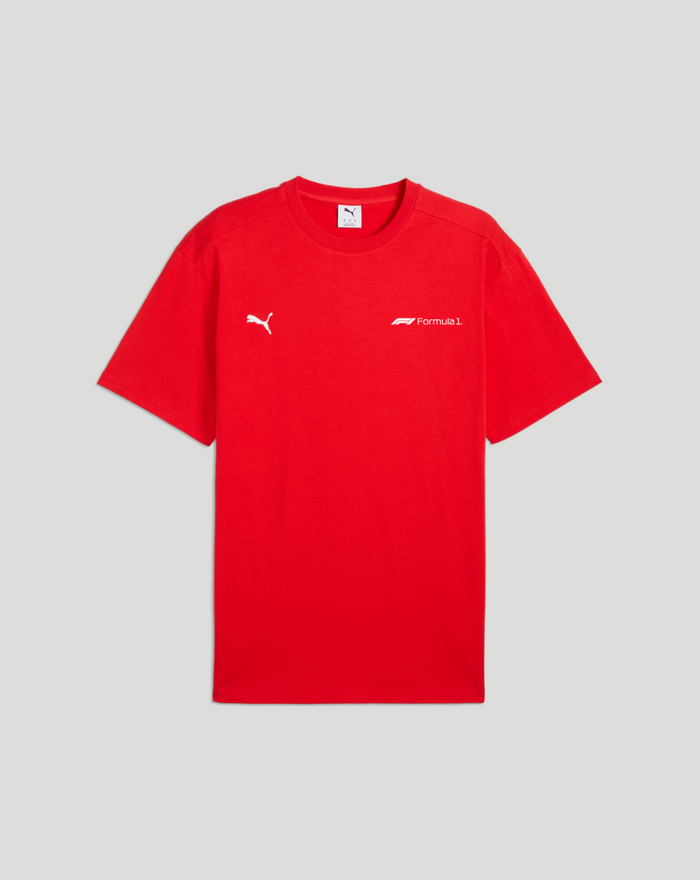 Red F1 Essential Relaxed Tee front view with white Puma logo on left chest and Formula 1 branding on the right.