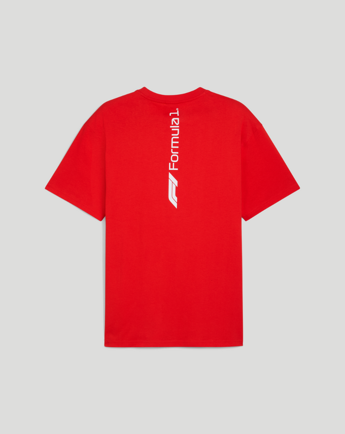 Back view of red F1 Essential Relaxed Tee with vertical white Formula 1 branding along the center.
