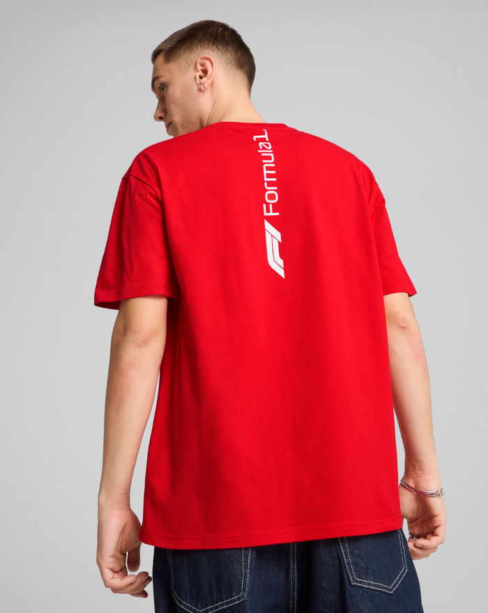 Back view of red F1 Essential Relaxed Tee with white vertical Formula 1 branding down the back.