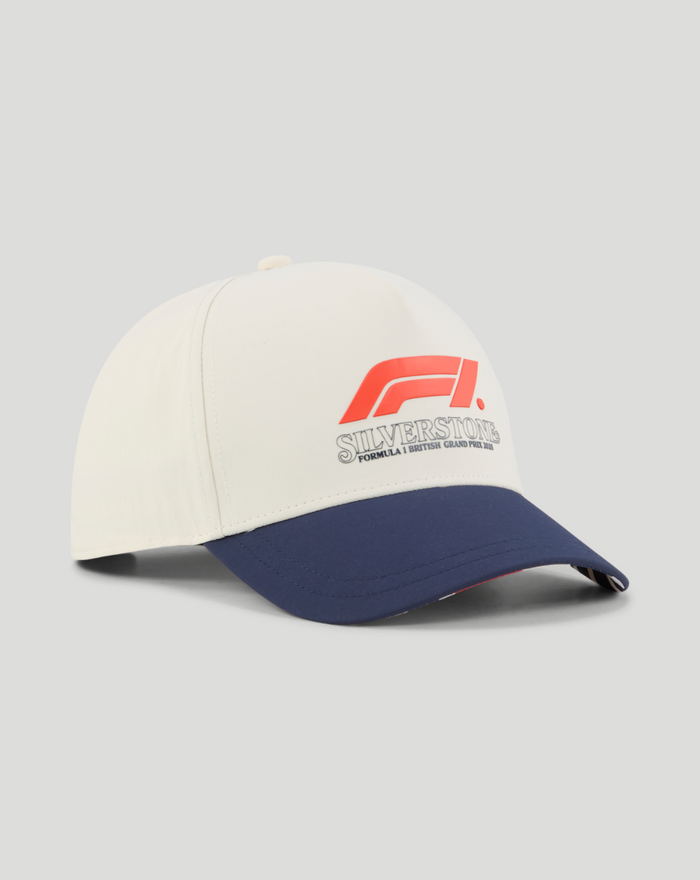 White Formula 1 Silverstone Special Edition cap with navy brim and red logo on front.