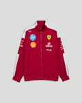Front view of red Ferrari Drivers T7 Oversized Jacket with white shoulder panels and multiple sponsor logos
