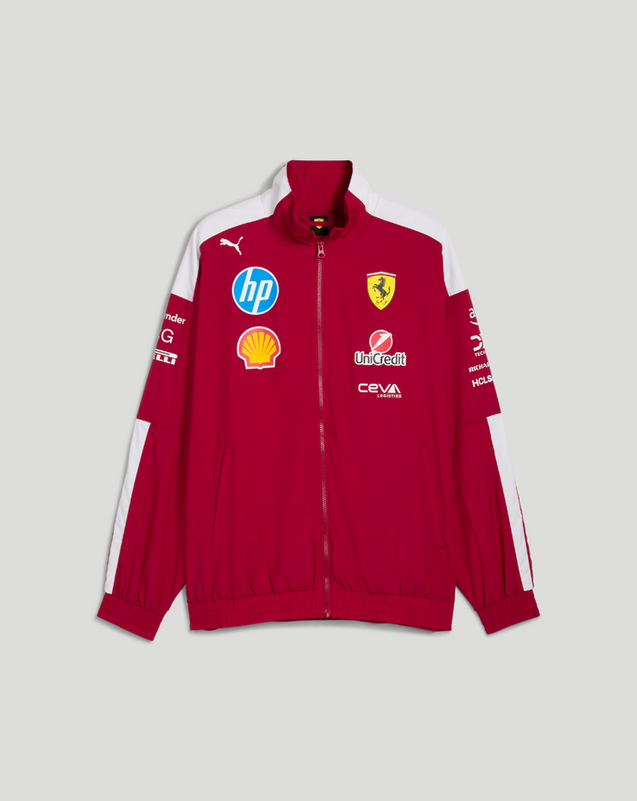 Front view of red Ferrari Drivers T7 Oversized Jacket with white shoulder panels and multiple sponsor logos