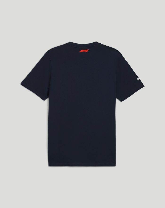 Back view of navy Formula 1 Silverstone Special Edition T-Shirt with a red logo at the neckline and a small sleeve emblem