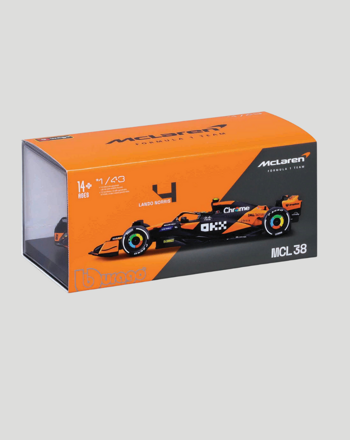 Orange and gray packaging box for the McLaren MCL38 2024 model car with race car graphic