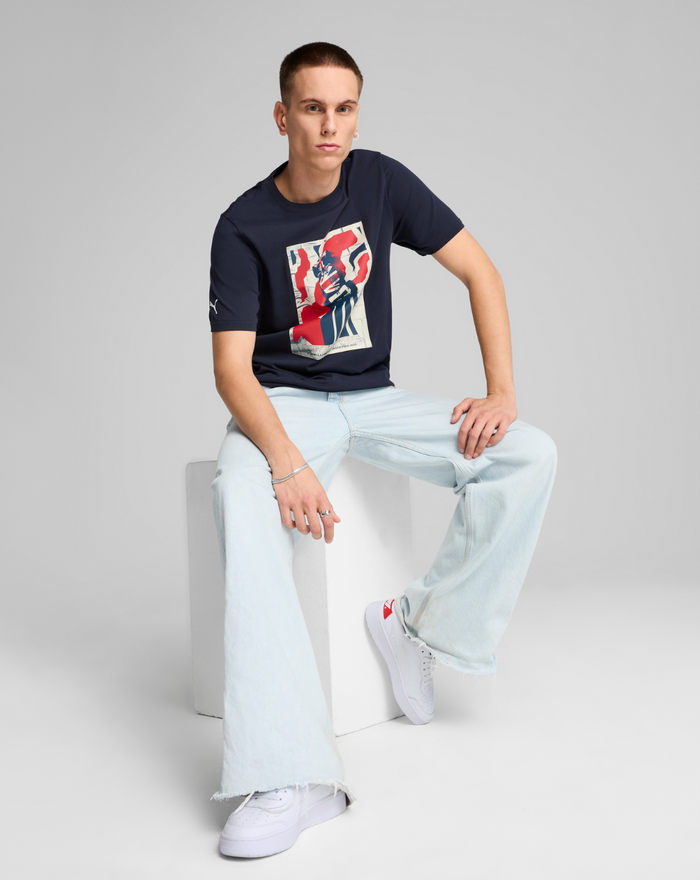 Navy Formula 1 Silverstone Special Edition T shirt worn by a male model with a bold front graphic