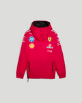 Front view of red Ferrari team reversible jacket with hood and sponsor logos