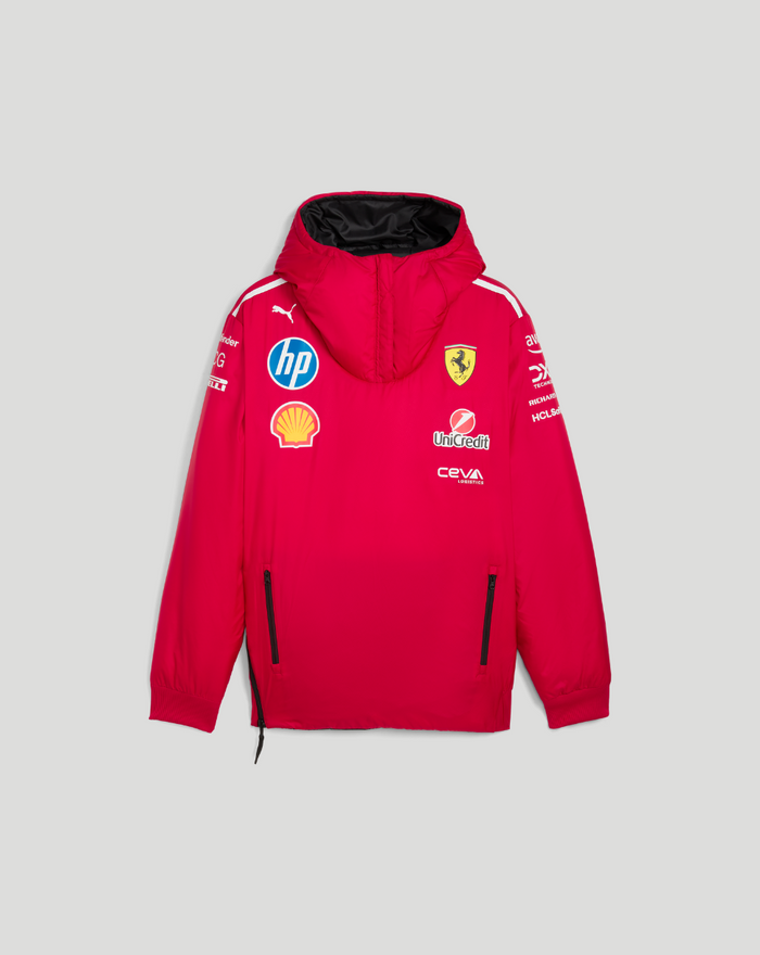 Front view of red Ferrari team reversible jacket with hood and sponsor logos
