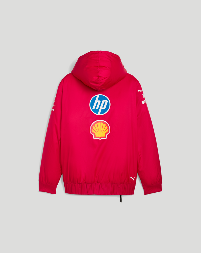 Bright pink Ferrari Team Reversible Jacket back view with HP and Shell sponsor logos