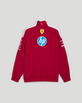 Back view of red Ferrari Drivers T7 Oversized Jacket with yellow Ferrari crest and hp logo and white shoulder panels