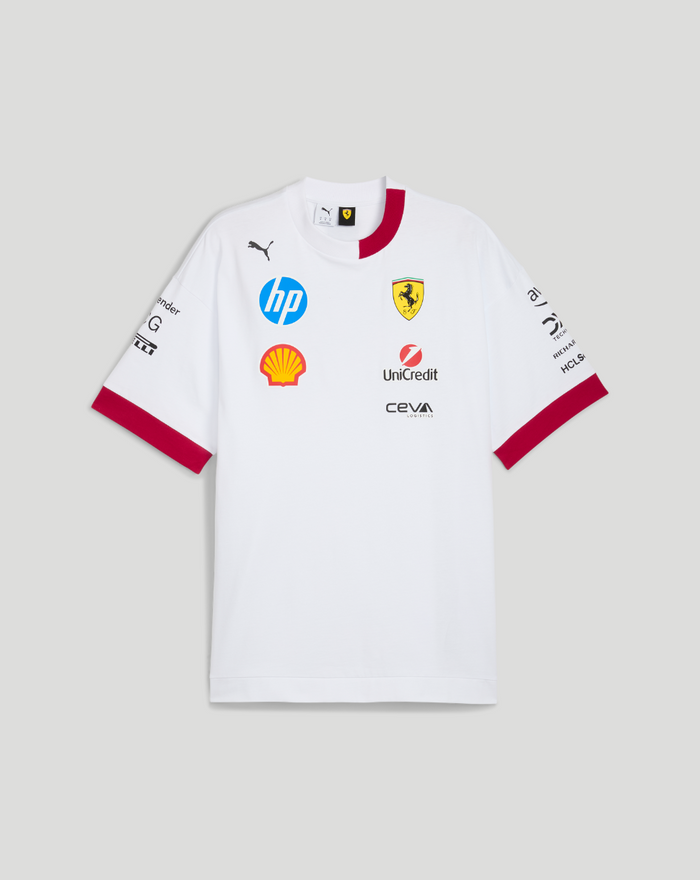 White Scuderia Ferrari F1 Drivers oversized T shirt with sponsor logos on chest and red collar and sleeve cuffs