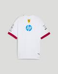 Back view of white Scuderia Ferrari F1 oversized T-shirt with Ferrari crest and large blue HP logo, red cuffed sleeves.