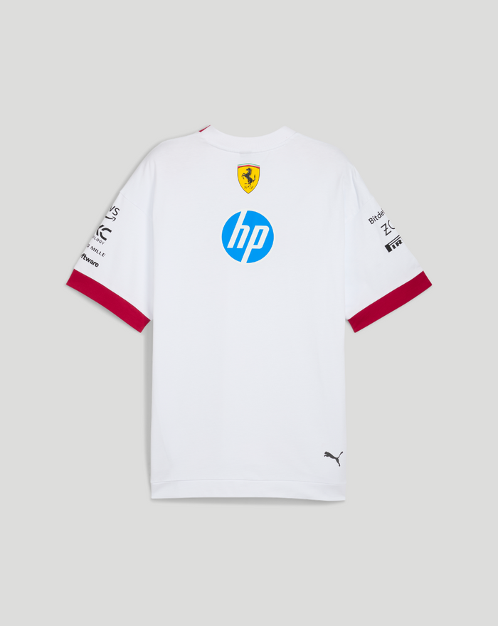 Back view of white Scuderia Ferrari F1 oversized T-shirt with Ferrari crest and large blue HP logo, red cuffed sleeves.