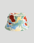 Formula 1 camo bucket hat with vibrant multicolor camouflage print on white background