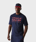 Model wearing navy oversized T-shirt with Oracle Red Bull Racing logo on the front and a New Era flag on the left sleeve.