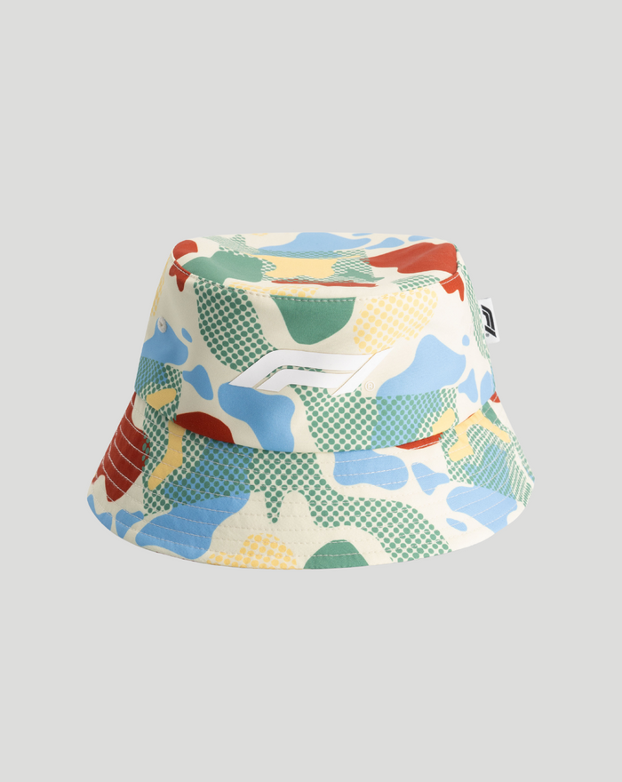Formula 1 camo bucket hat with multicolor camouflage pattern on white base