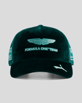Teal velvet cap with Aston Martin Formula One Team embroidery on the front and a teal adjustable back strap