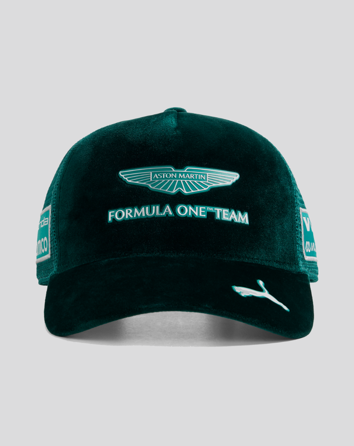 Teal velvet cap with Aston Martin Formula One Team embroidery on the front and a teal adjustable back strap