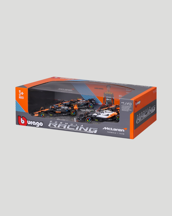 1:43 scale McLaren F1 four car collector set in orange and gray box