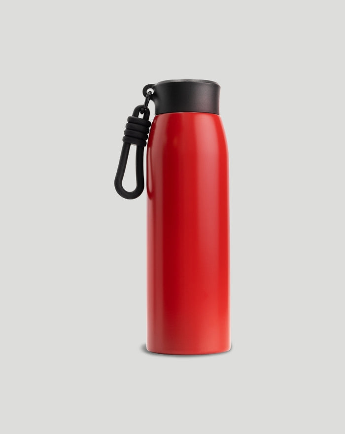 Red Scuderia Ferrari water bottle with black cap and looped carabiner strap.