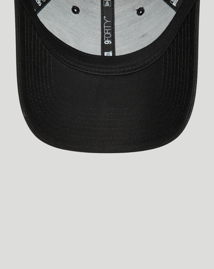 Close up of black Haas 9Forty cap showing red underbill and inner 9FORTY branding