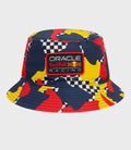 Navy bucket hat with bold abstract print and an Oracle Red Bull Racing patch on the crown.