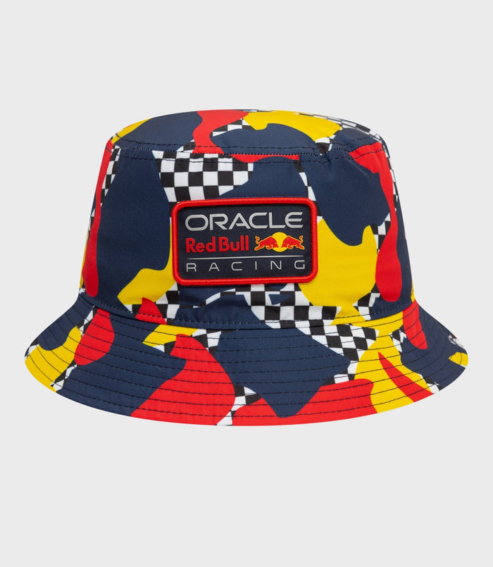 Navy bucket hat with bold abstract print and an Oracle Red Bull Racing patch on the crown.