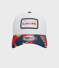 Top and side view of a white cap showing mesh crown panels and a small navy button.