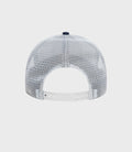 Rear view of white mesh cap with an adjustable white plastic strap.