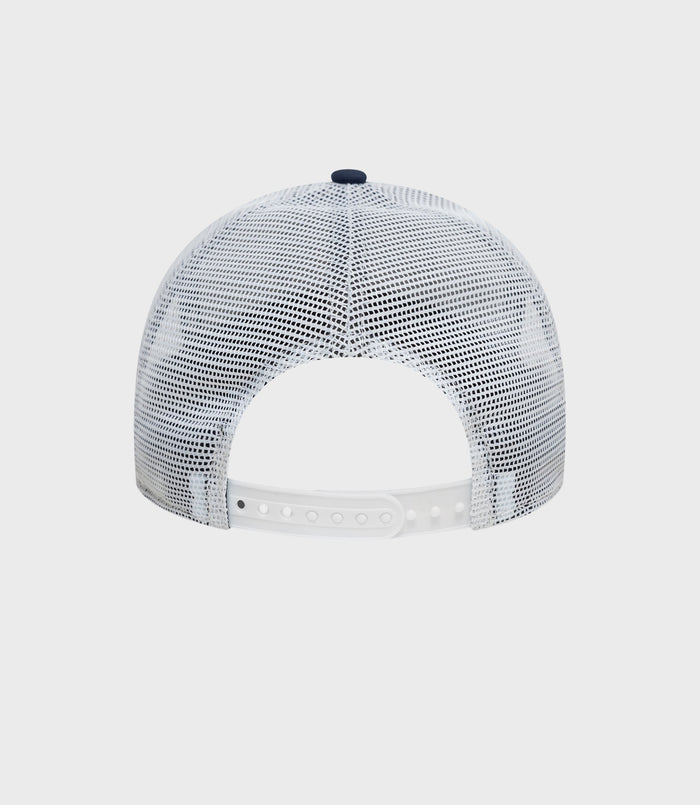 Rear view of white mesh cap with an adjustable white plastic strap.