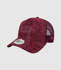 Open red New Era 9Forty cap close up showing knit texture and Oracle patch on the front.