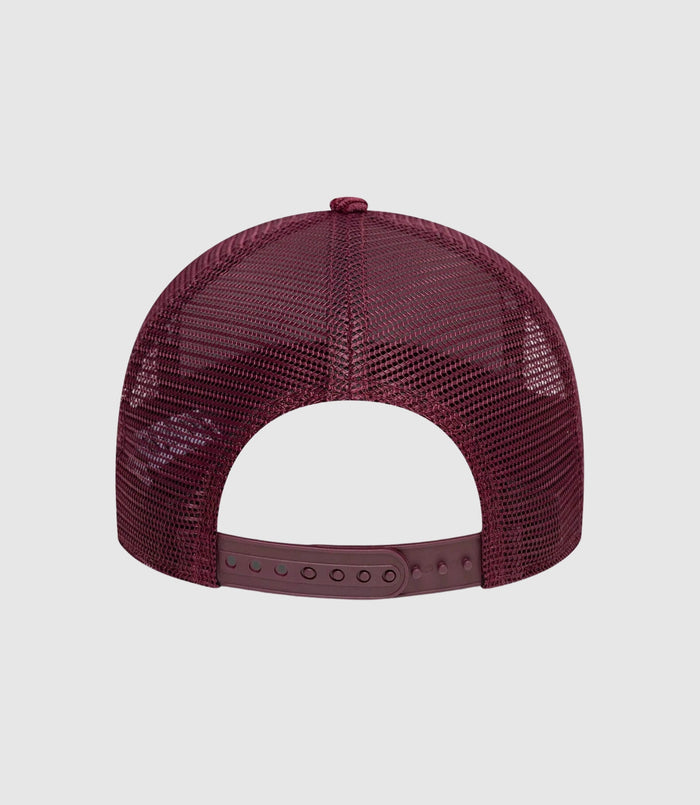 Rear view of maroon open red cap with an adjustable strap.