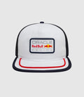 Top front view of the white cap showing a navy button and black mesh back