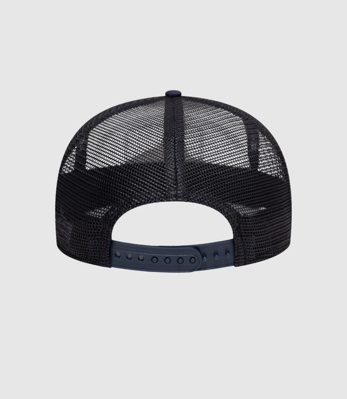 Rear view of a black mesh cap with a navy adjustable strap