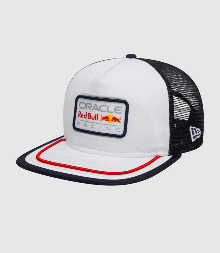 Front view of a white New Era Retro 9Fifty Golfer Cap with Oracle Red Bull Racing patch on the crown