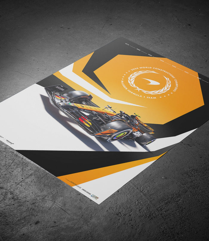 Limited edition McLaren F1 poster with orange geometric panels and a Formula 1 car graphic