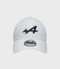 Top view of white New Era 9Forty cap showing crown and top button