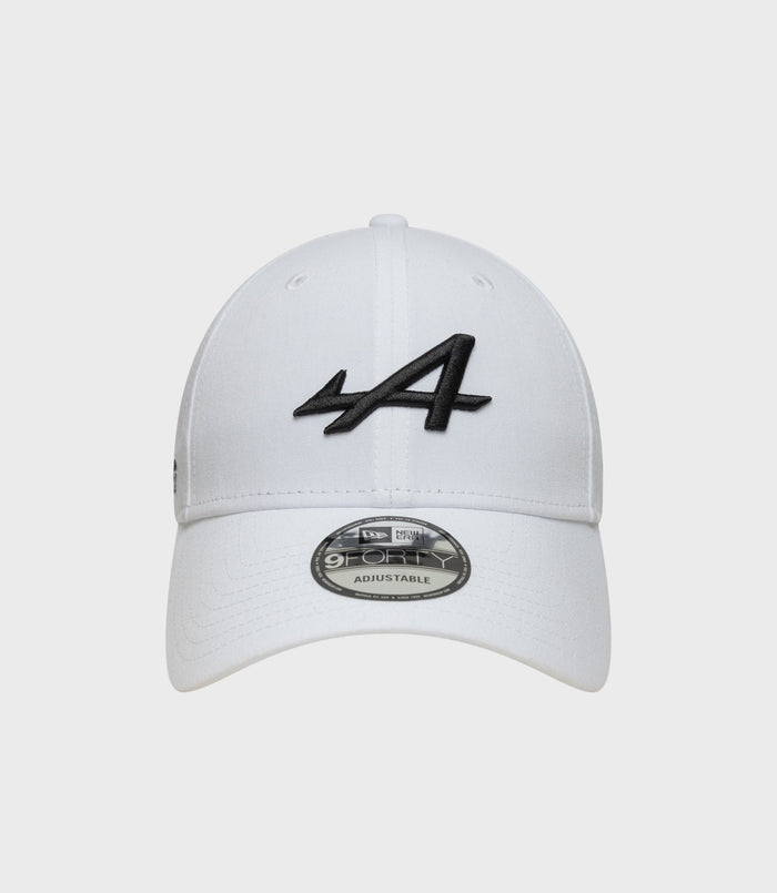 Top view of white New Era 9Forty cap showing crown and top button