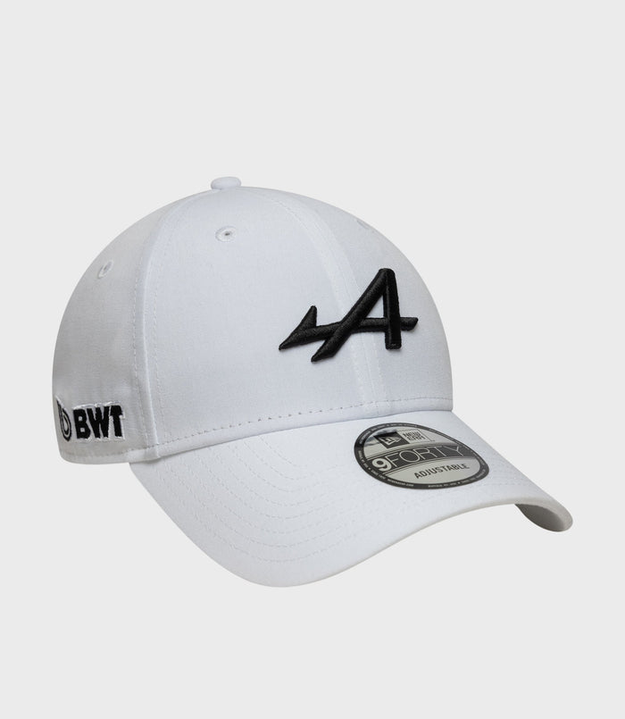 Side view of white cap with black BWT embroidery on rear and 9Forty adjustable sticker on the brim