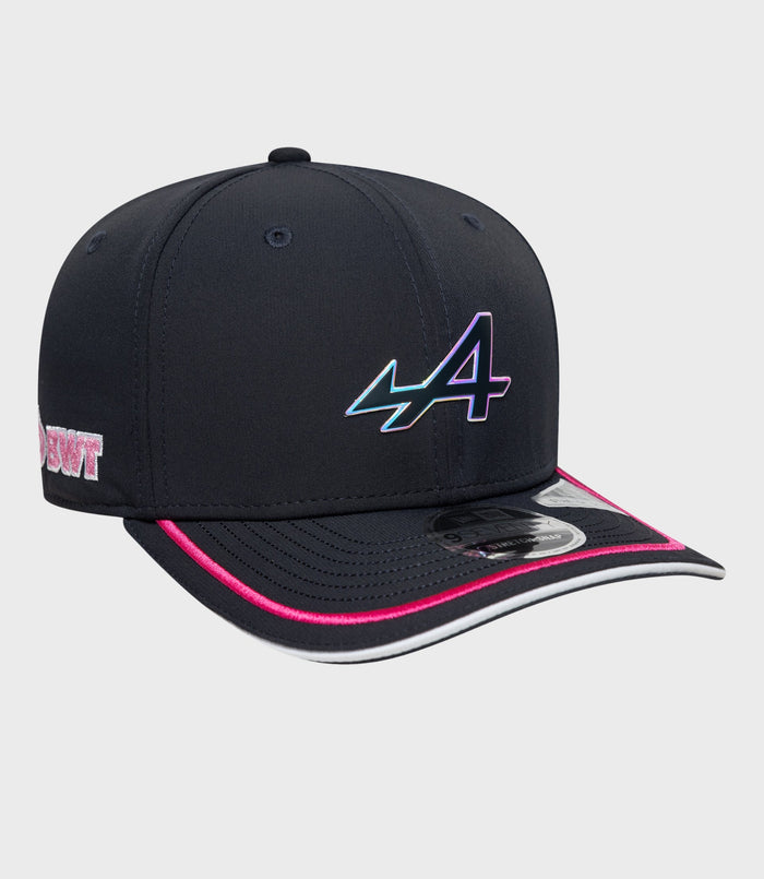Navy New Era x Alpine Rep Team 9Seventy stretch snap cap with neon outlined front logo and BWT branding on the side.