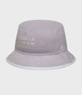 Pastel purple bucket hat crown close up with Oracle branding and racing graphics