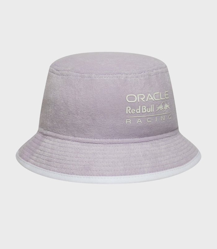 Pastel purple bucket hat close up showing Oracle Red Bull Racing branding on the crown