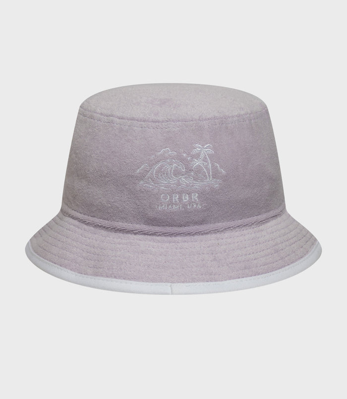 Pastel purple bucket hat crown featuring palm tree embroidery and Red Bull Racing logo