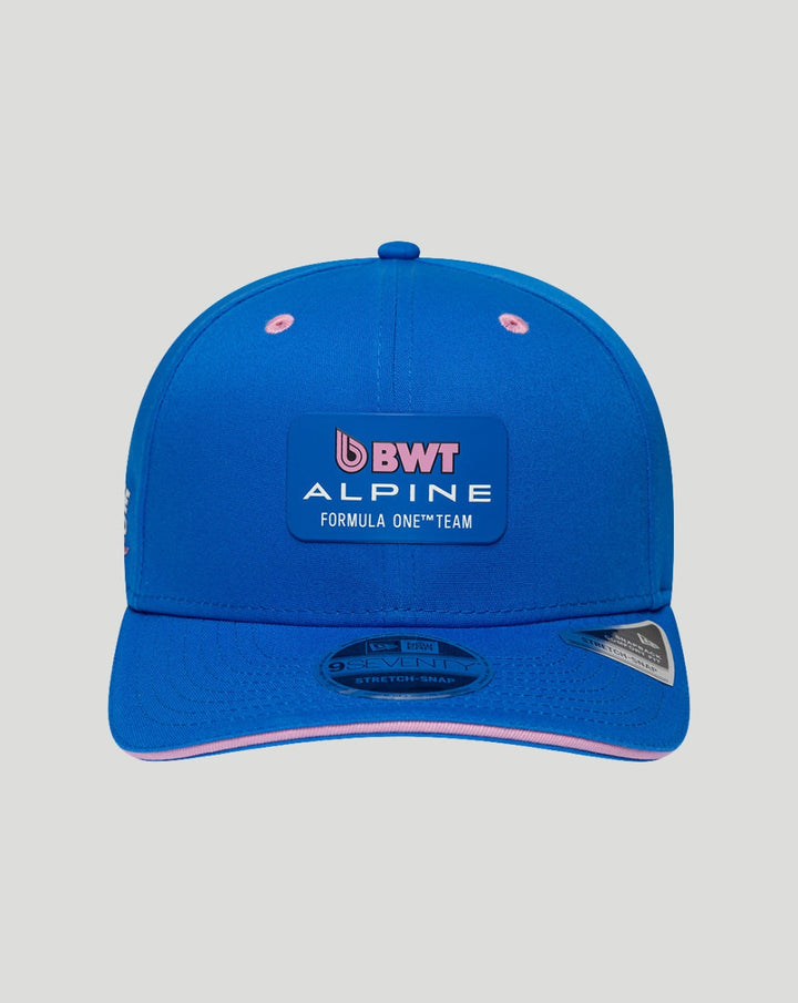 Blue BWT Alpine Formula One Team cap shown from the front with pink eyelets and pink trim along the brim