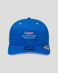 Blue BWT Alpine Formula One Team cap shown from the front with pink eyelets and pink trim along the brim