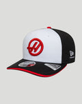 White front panel New Era Haas Team 9Seventy Stretch-Snap cap with black sides and red Haas logo on the front.