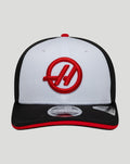 Front-facing view of New Era Haas Team 9Seventy Stretch-Snap cap with white front, black sides, red Haas emblem, and red-trimmed brim.