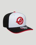 Front view of official New Era Haas Team 9Seventy cap with white front panel black sides and red Haas logo embroidery on the crown