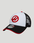 New Era Haas Team Summer League 9Forty cap with white front panel black brim and mesh back featuring a red Haas logo.
