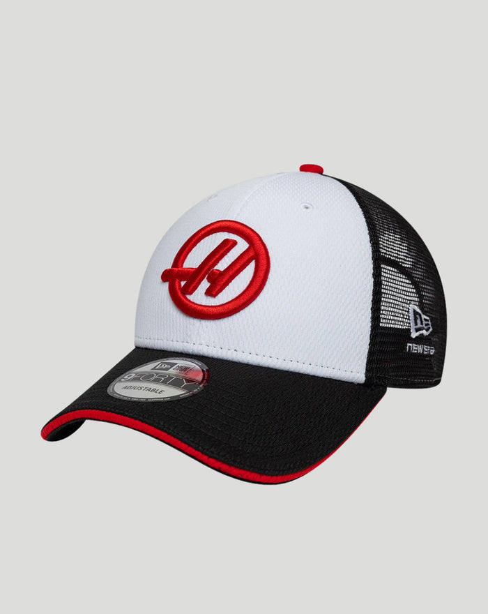 New Era Haas Team Summer League 9Forty cap with white front panel black brim and mesh back featuring a red Haas logo.