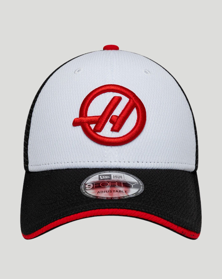 Front view of New Era Haas Team Summer League 9Forty cap with white front panel and black brim.